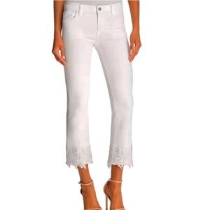 J BRAND Selena Cropped Jeans in Avalon White Denim Lace Trimmed 29